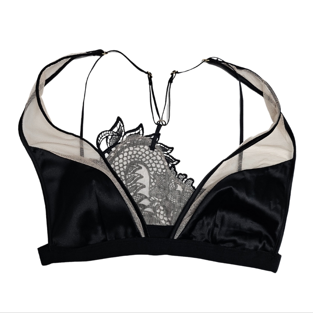 Victoria's Secret Luxe Dragon Lace Bralette Black Satin Mesh Plunging Neck Sz S